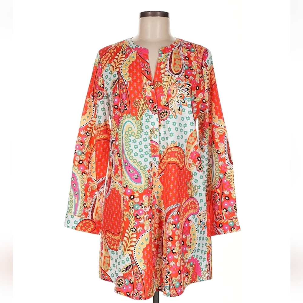 Misslook Boho Paisley Print Mini Dress Long Sleeve Vibrant Orange Red 🍒 Flawed
